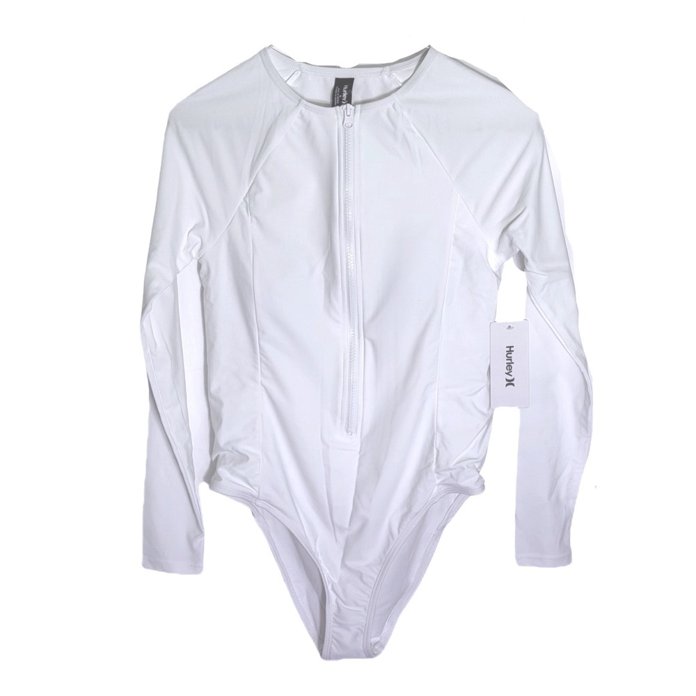 NWT Hurley Long Sleeve One Piece Swimsuit UPF 50+ Medium Black & White Zip Surf - Picture 8 of 15